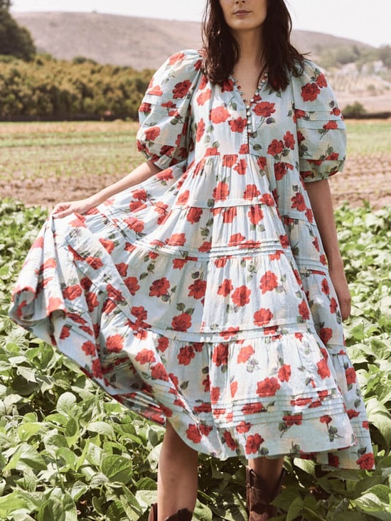 THE GREAT. Dresses & Skirts - The Great The Pleated Ravine Dress in Western Rose Print